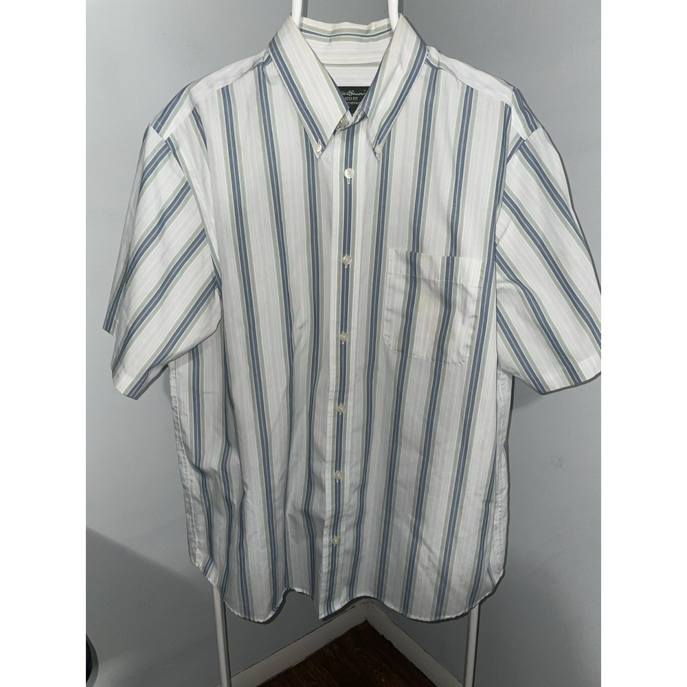 Eddie Bauer Shirt Mens Wrinkle Resist Striped Cotton Short Sleeve Size Large